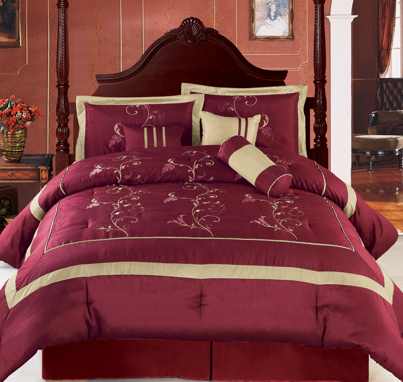 11Pcs King Burgundy Floral Embroidered Bed in a Bag Set eBay
