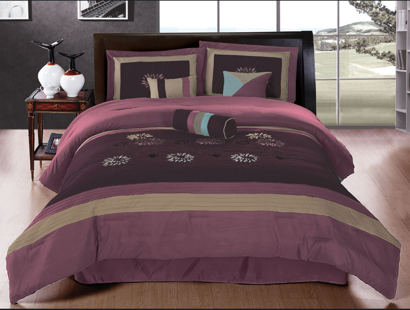 7 Piece Queen Purple Floral Embroidered Comforter Set