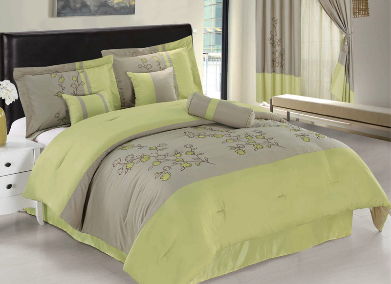 7 Piece Queen Sage and Beige Floral Embroidered Comforter Set eBay