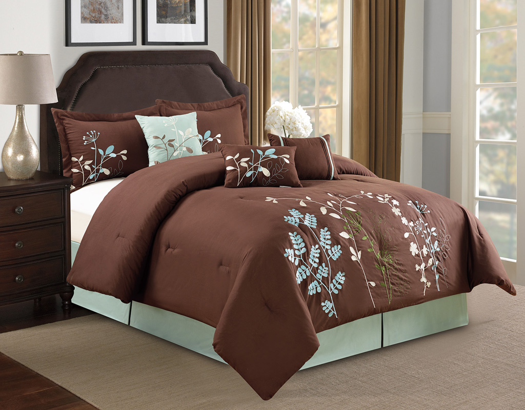 7 Piece Beige Floral Embroidered Comforter Set eBay