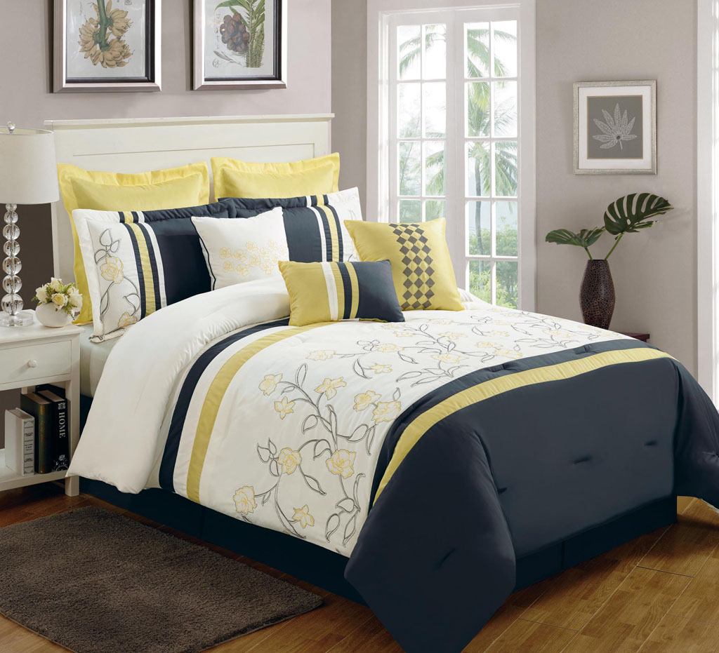 9 Piece Queen Begonia Yellow/Black/White Comforter Set eBay