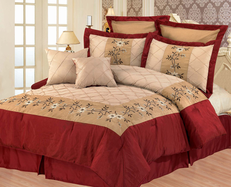 8Pcs Burgundy and Tan Embroidered Comforter Set Queen