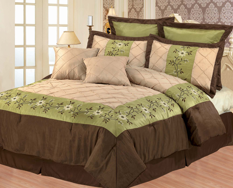 8Pc Sage and Tan Floral Embroidered Comforter Set Queen eBay