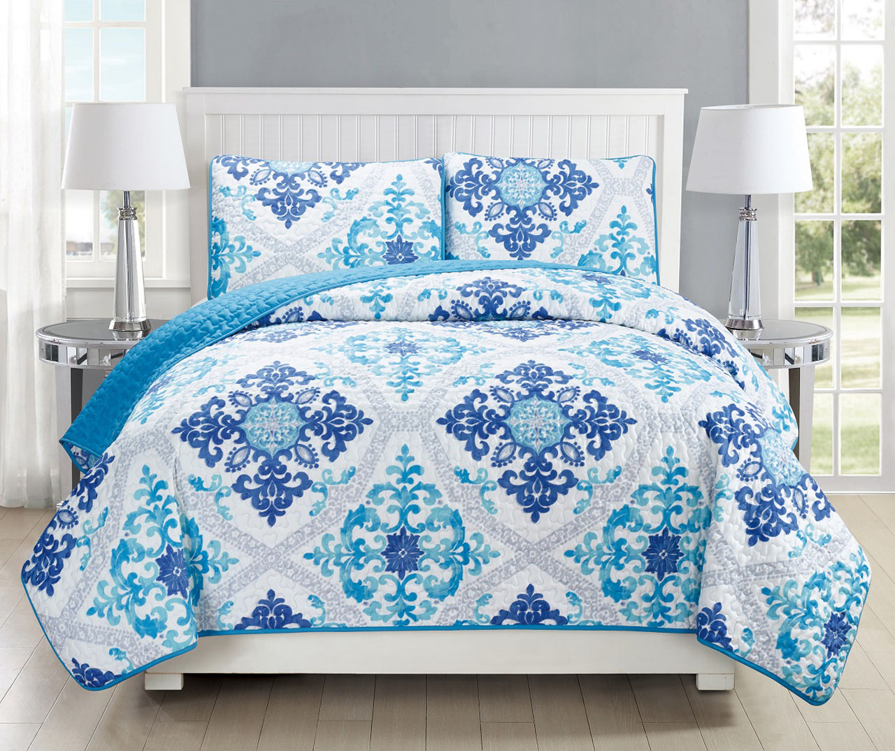 Scroll Navy/White Reversible Bedspread/Quilt Set Queen eBay