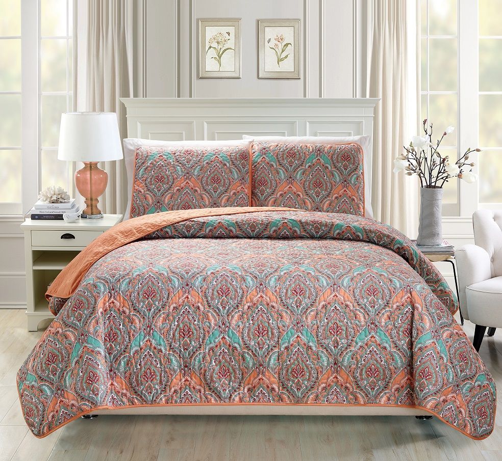 Floral Medallion Print Navy/Blue Reversible Bedspread/Quilt Set eBay