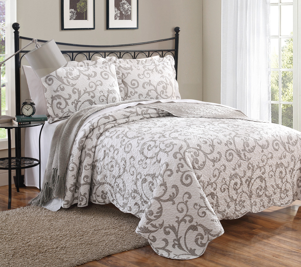 3 Piece Queen Loral Taupe Scroll Quilt Set eBay