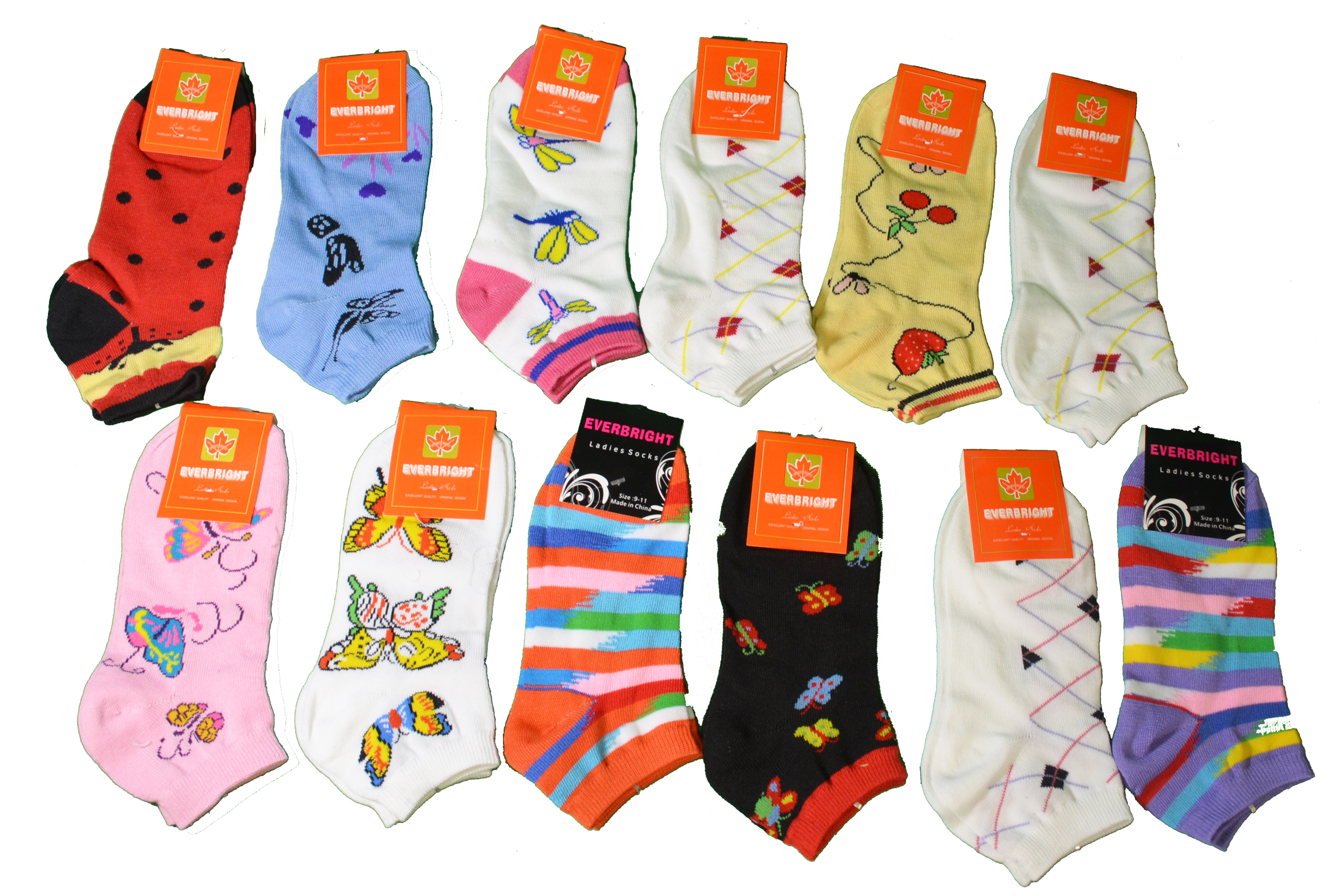 12 Pairs Ladies Fun Print Everbright Ankle Socks Assorted Styles Sz 9