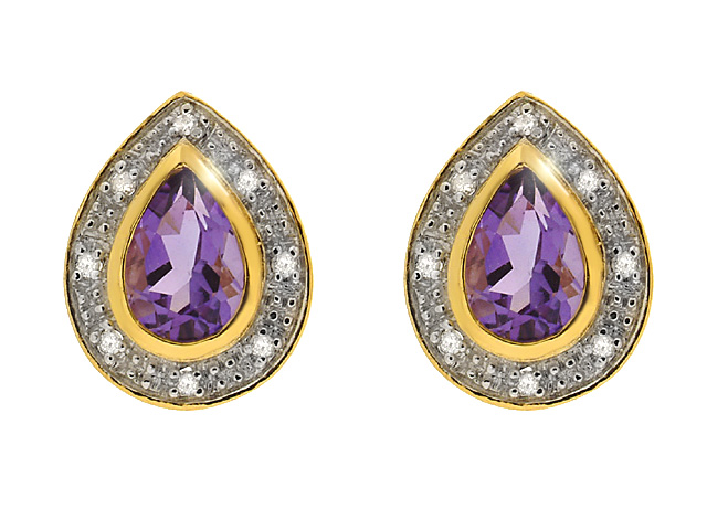 9ct Yellow Gold Amethyst and Diamond Earrings