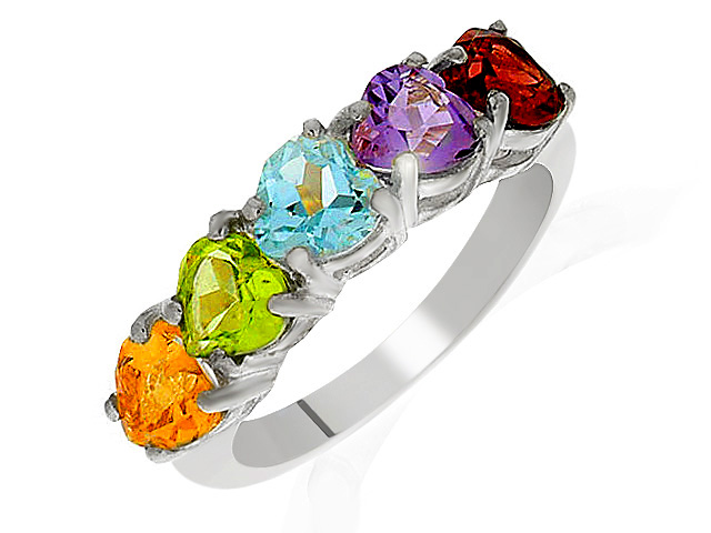 Silver Heart Shape Multi Gemstone Ring