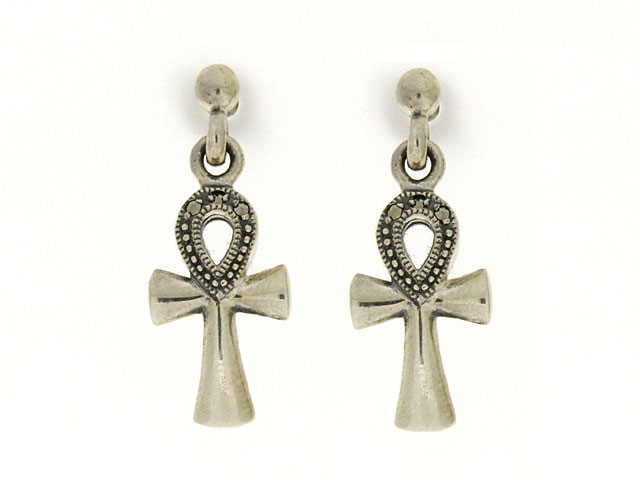 925 Sterling Silver Marcasite Egyptian Ankh Earrings