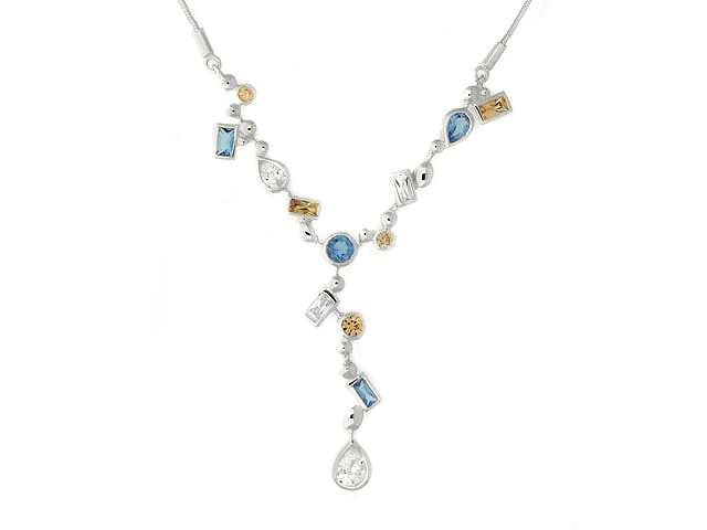 Silver Champagne, White and Blue CZ Necklace