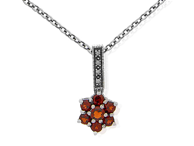 Sterling Silver Marcasite and Garnet Floral Necklace