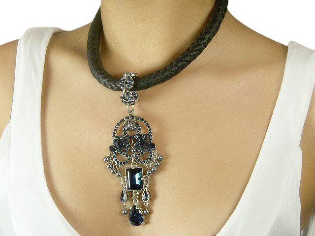 Otazu Leather Necklace with Montana Blue Crys