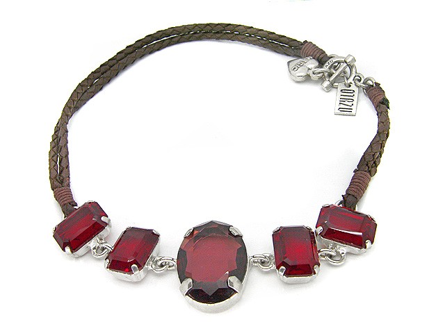 Otazu Red Crystal Necklace on Brown Leather C