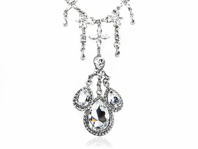 Otazu Silver Tone White Crystal Drop Necklace