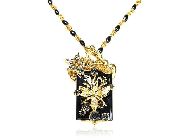 Otazu Gold Tone Black Onyx Necklace with Black Swarovsk