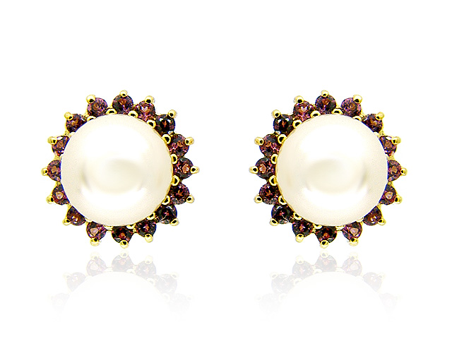 9ct Yellow Gold Rhodalite & Pearl Earrings