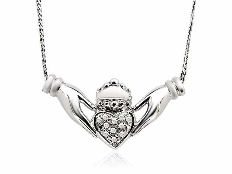 9ct White Gold Diamond Set Claddagh Necklace
