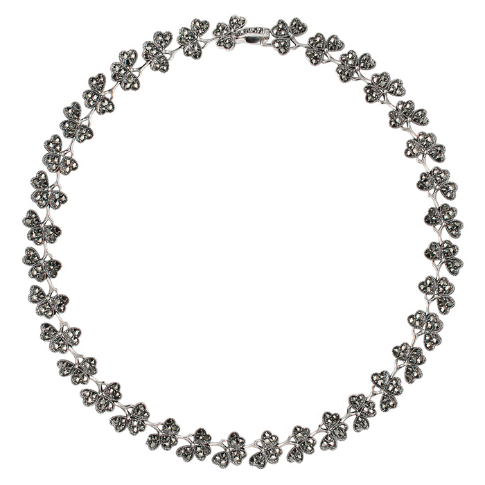925 Sterling Silver Marcasite Heart Design Three Leaf Clover 41cm Necklace