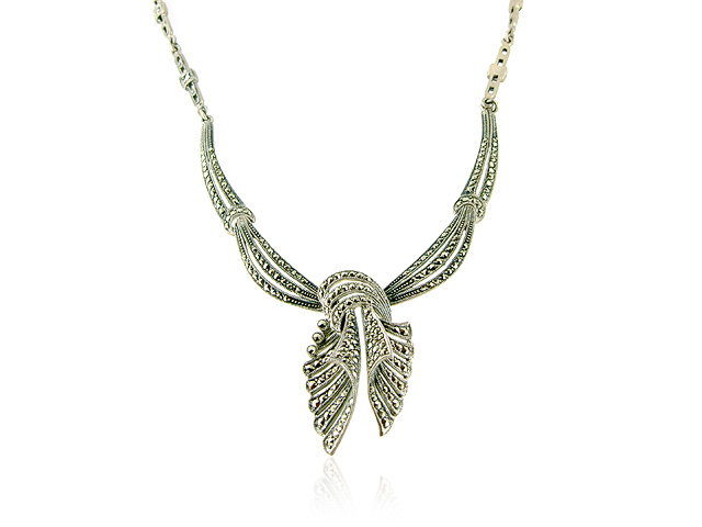 925 Sterling Silver Marcasite Ribbon Design 41cm Necklace