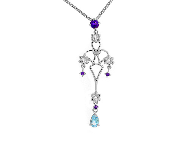 9ct White Gold Multi Gem Stone Necklace