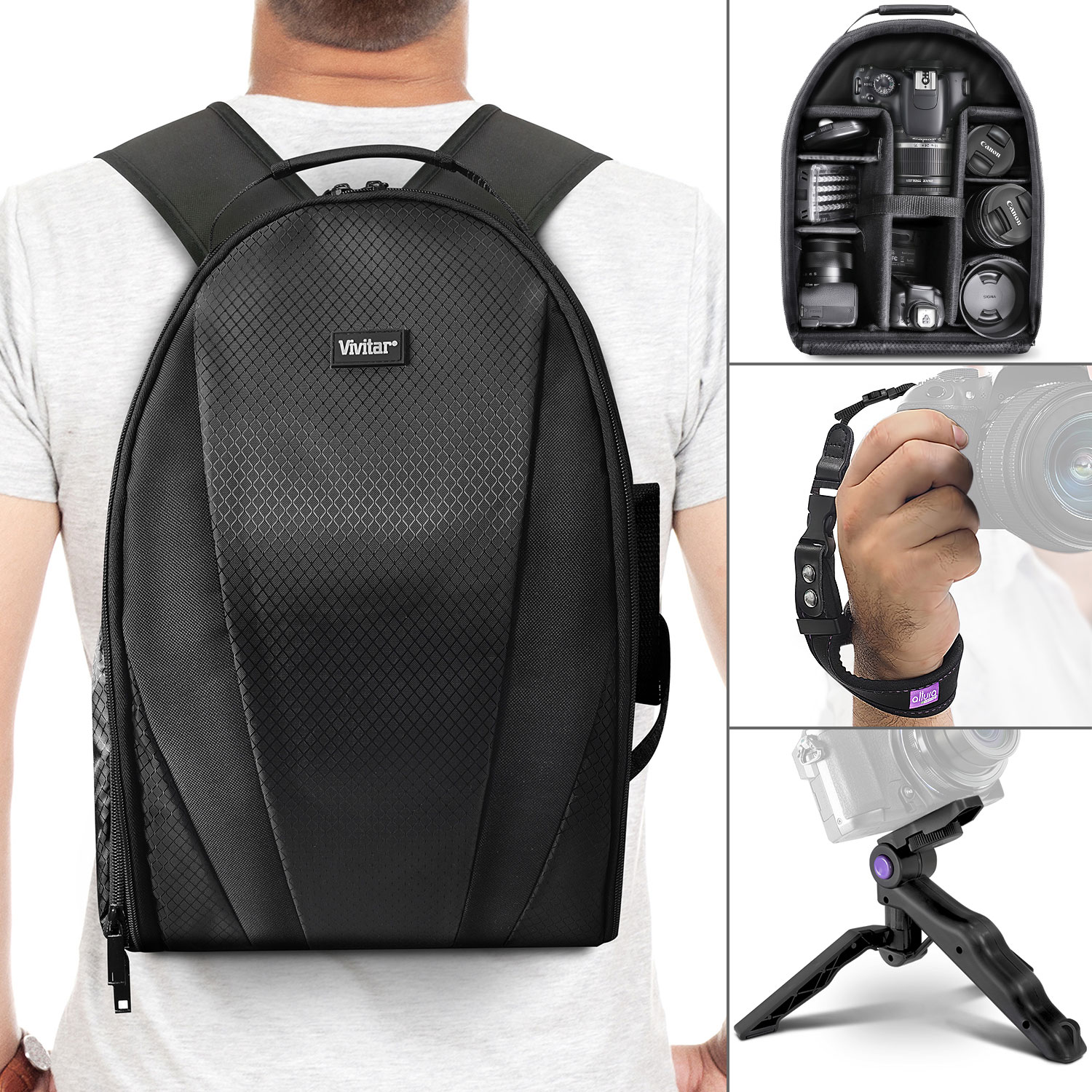 Vivitar Camera Backpack Bag + Altura DSLR Wrist Strap + Mini Tripod