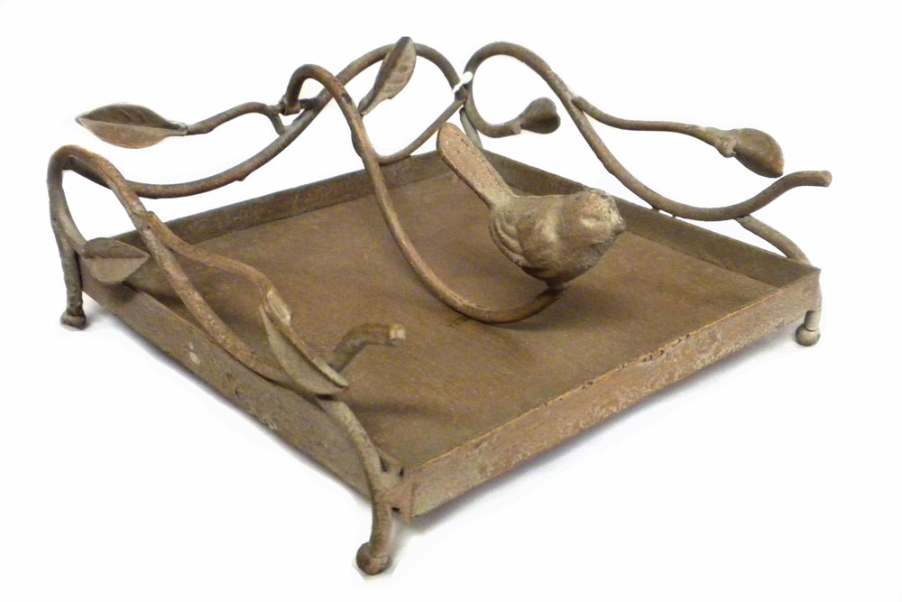 SHABBY chic SQUARE metal NAPKIN holder with BIRD WEIGHT cottage HOME