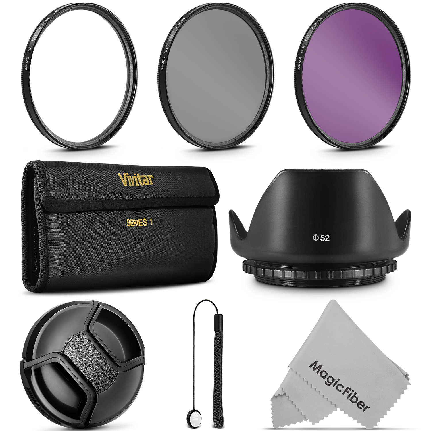 Vivitar 52MM UV CPL FLD Filter Kit + Accessories Bundle for Nikon