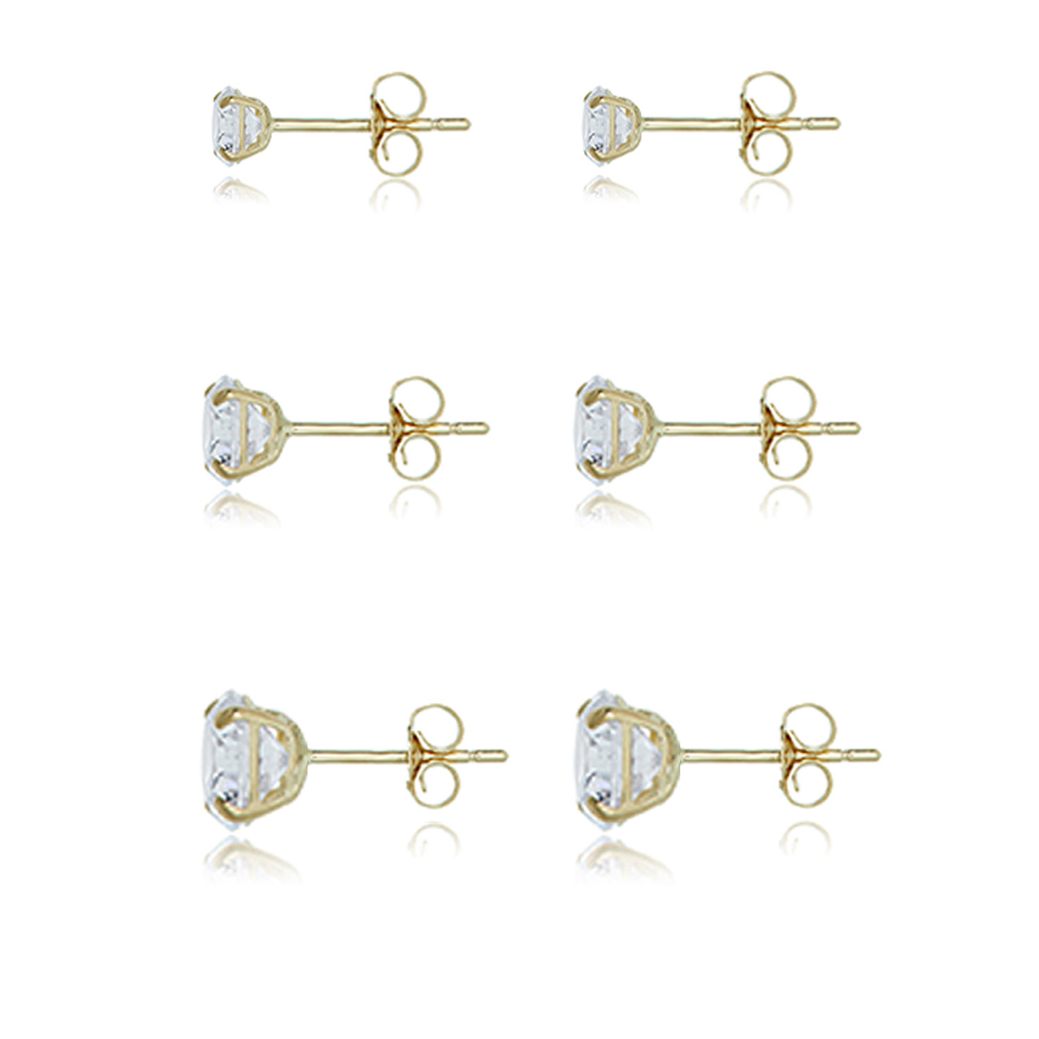 3-Paire Or 10K Rond Zircone cubique zircone cubique Boucles d/'Oreilles Clou Set-JAUNE ou or blanc