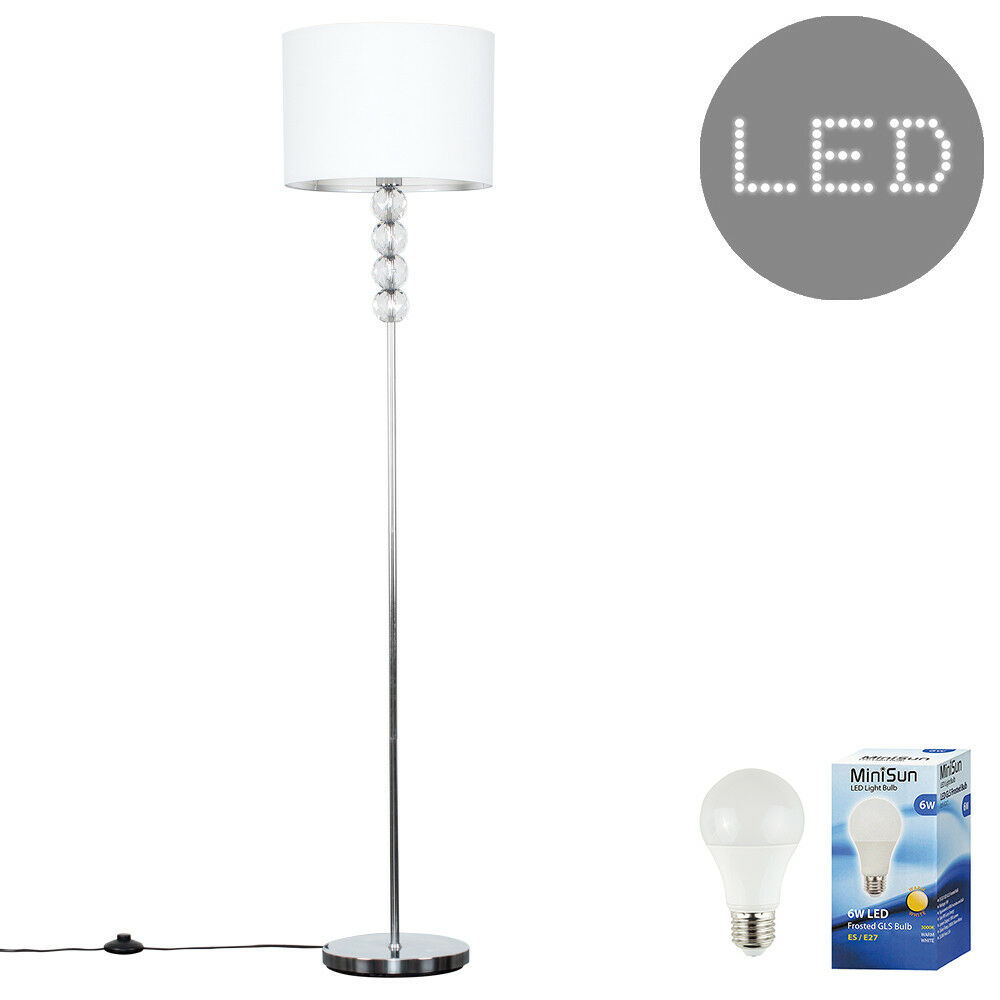 Stylish LED Standard Chrome Floor Lamp Acrylic Clear Ball Base Cotton Shades NEW