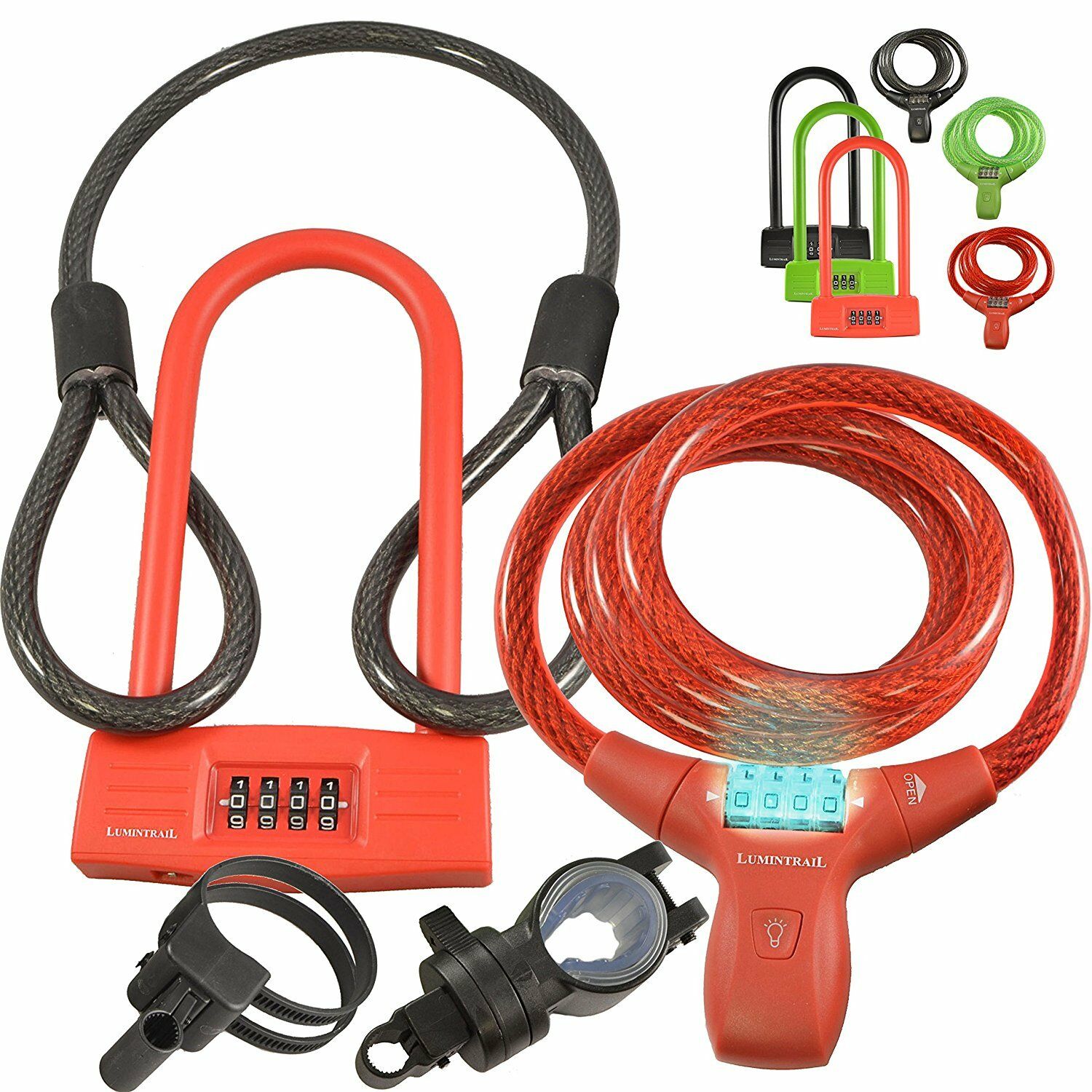 Lumintrail Bicycle 4 Digit Combination Cable Lock and U-Lock with Mount Brackets