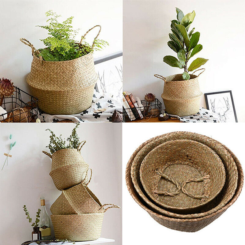 Natural Seagrass Woven Basket Storage Organizer Flower Plant Pot Holder Bag Box
