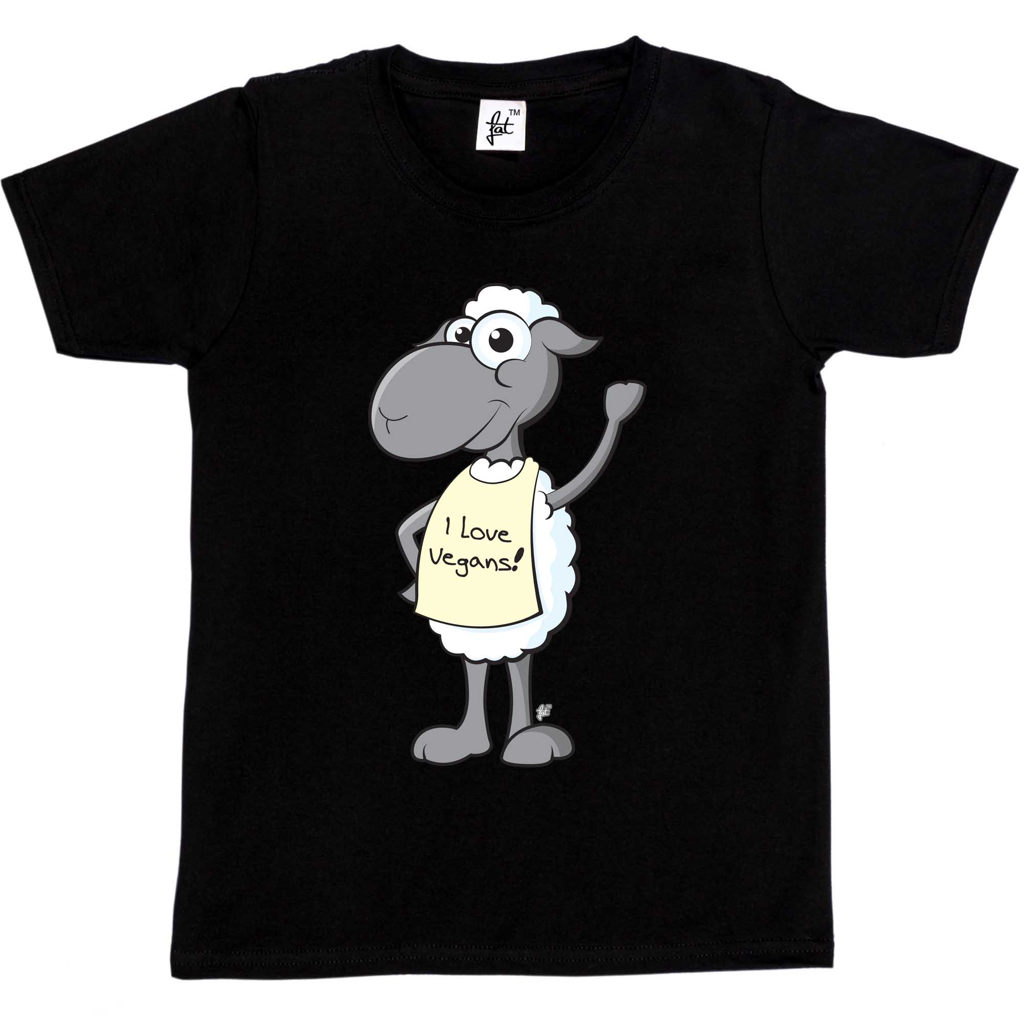 Girls T-Shirt Waving Smiling Sheep Wearing I Love Vegans Sign Kids Boys