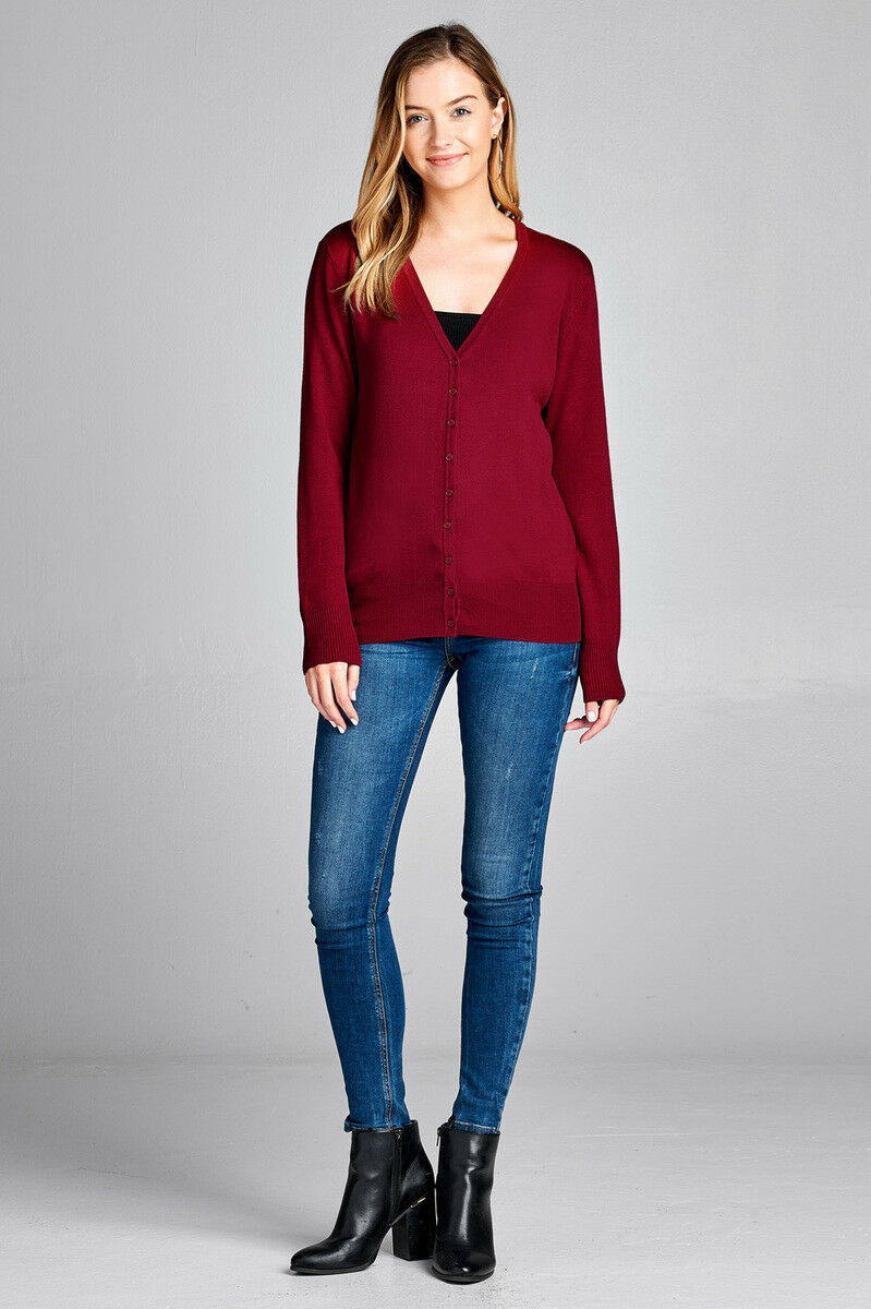 Women/'s Long Sleeve Button Up Cardigan Sweater Classic V-Neck Rib Banded
