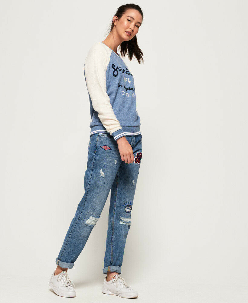 New Womens Superdry Aria Reversed Crew Jumper Burnt Blue Snowy