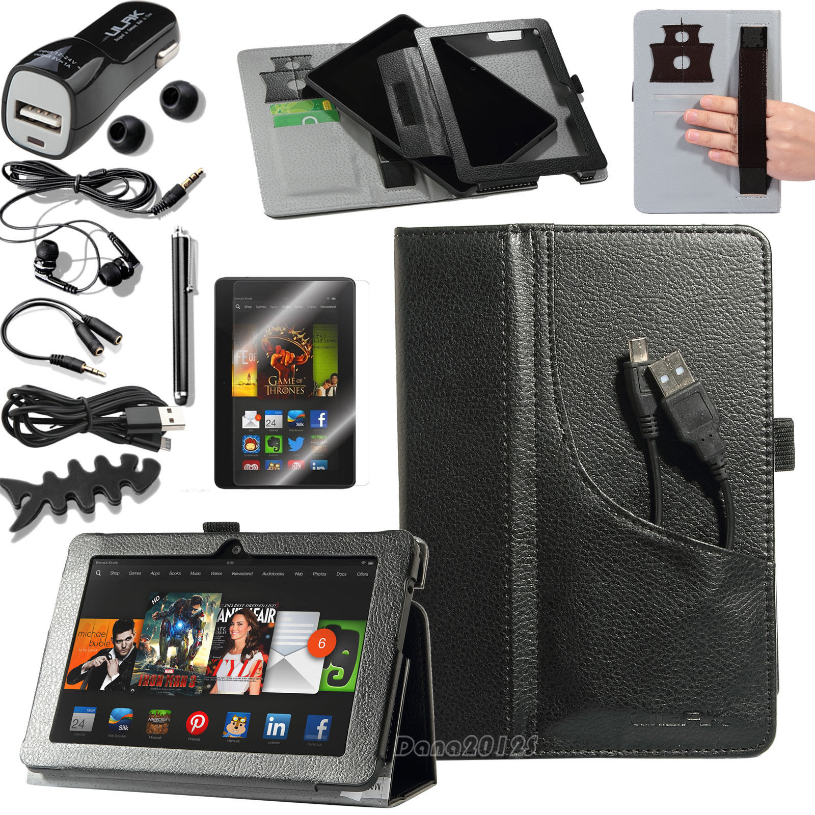 For 2013 Amazon Kindle Fire HDX 7" Black Leather Stand Case Cover