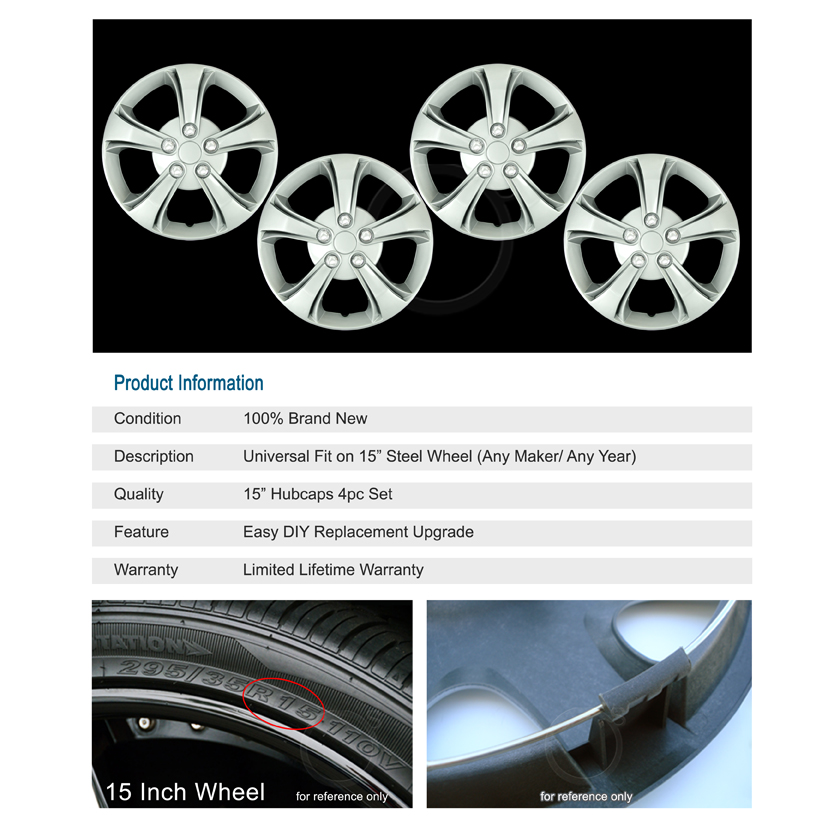 CHEVROLET 15" Full Wheel Cover Hub Cap 5Spoke+Chrome Lug Rim Skin