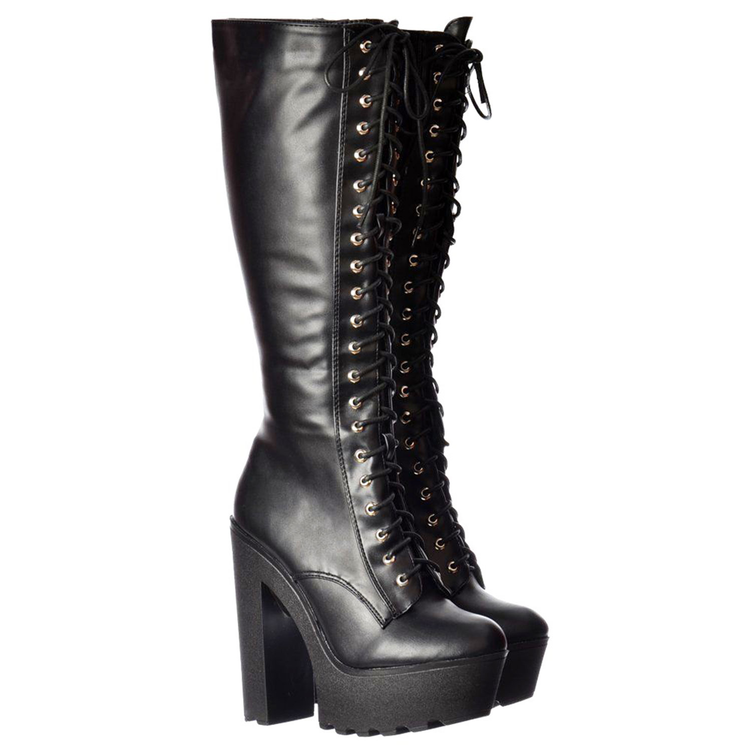 Ladies Womens Knee High Chunky Block Heel Platform Lace Up Boots Punk