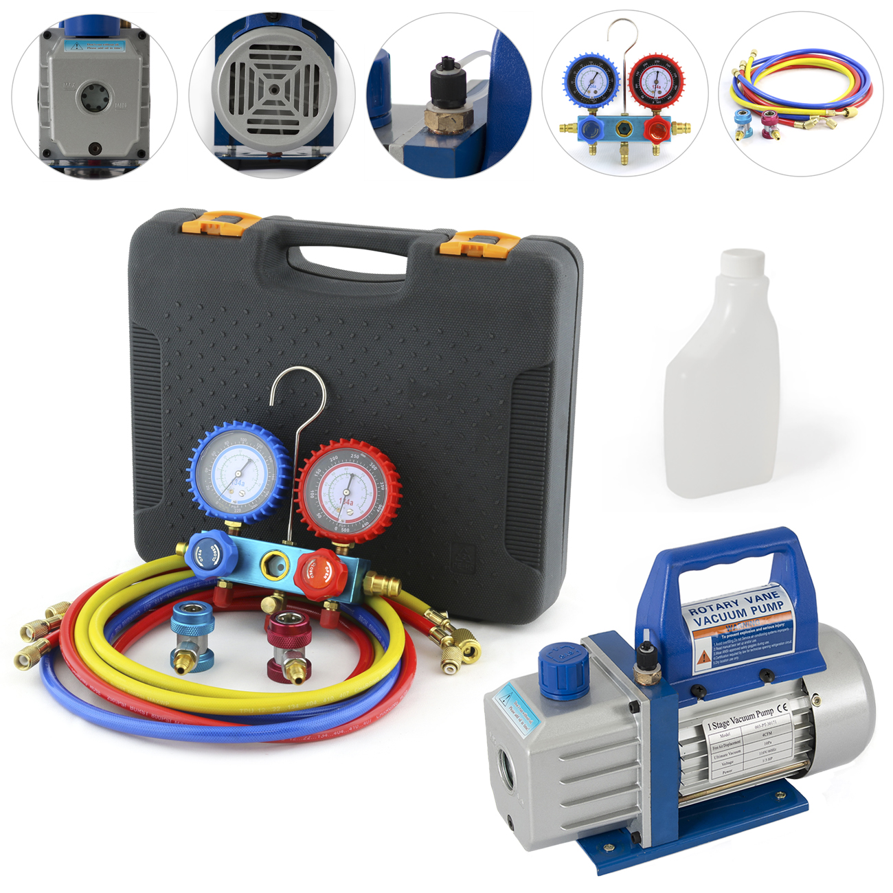 NEW R134a HVAC Manifold Gauge Kit with 4CFM 1/3HP AC Set A/C Refill