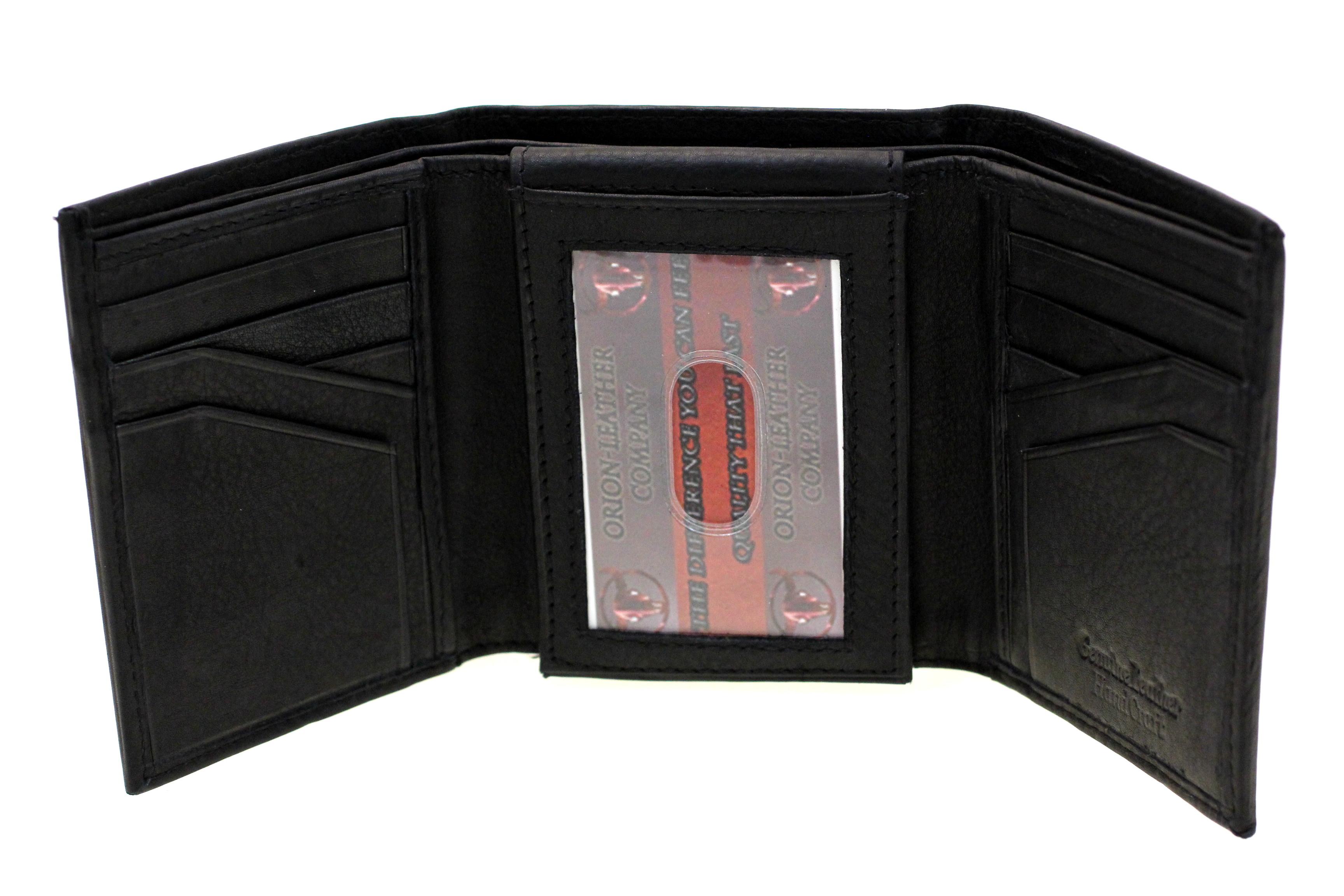 Mens Leather Wallet Trifold Center Flap Up Easy Access Card Slots 2 IDs