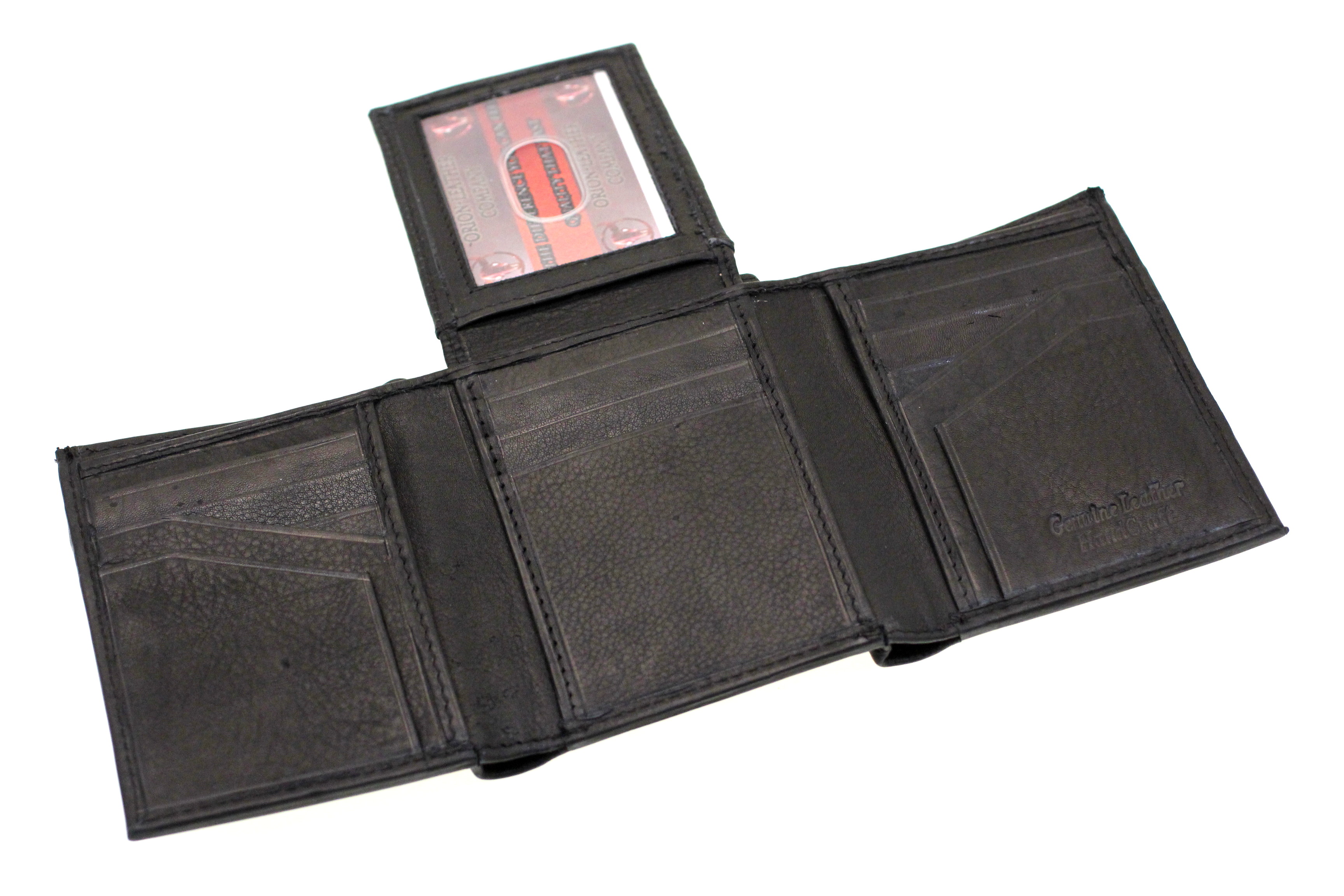 Mens Leather Wallet Trifold Center Flap Up Easy Access Card Slots 2 IDs