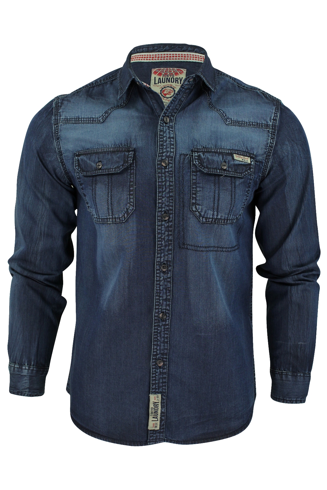 Mens Denim Shirt Tokyo Laundry Shirts Acid Stone Wash Long Sleeve