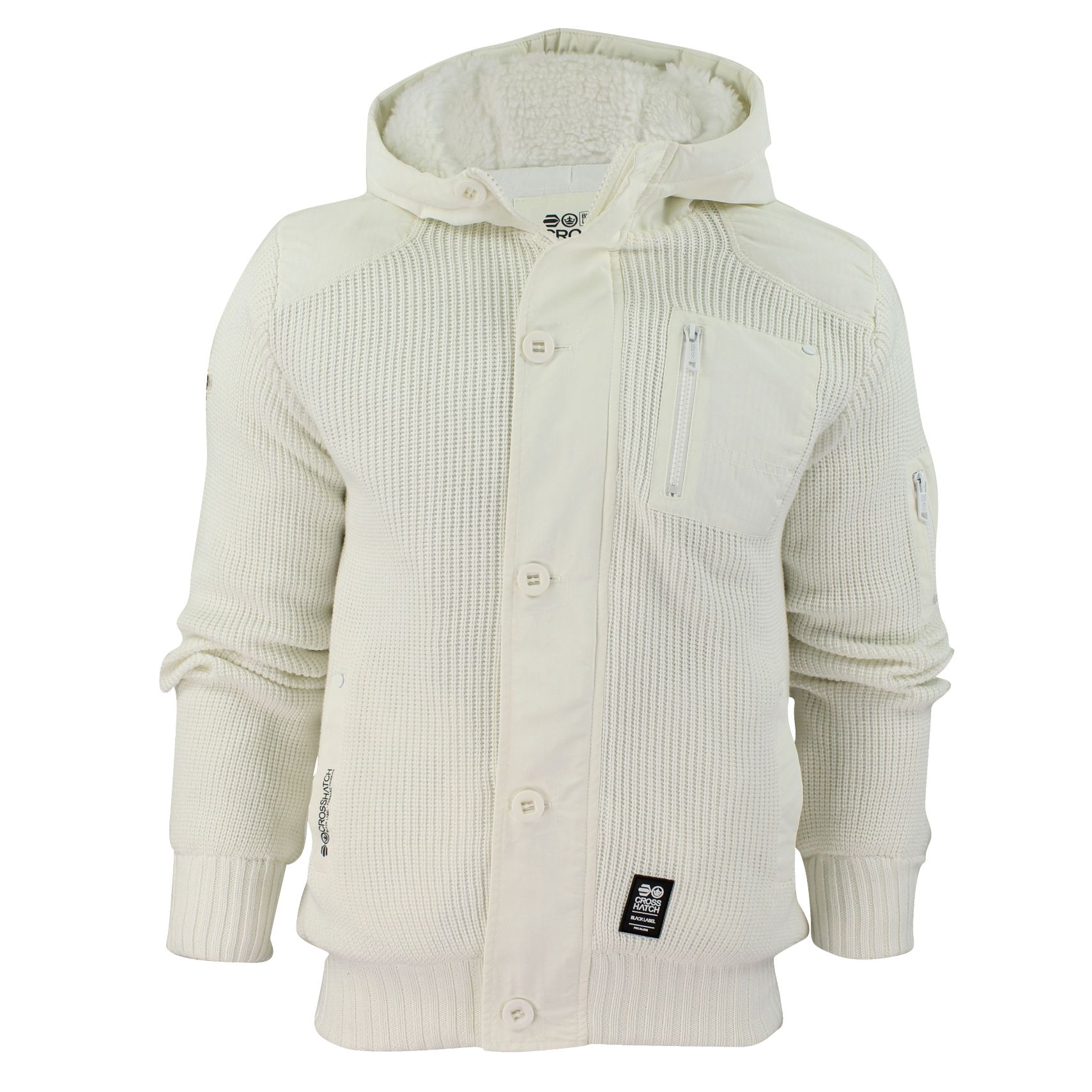 Mens Rib Zip Cardigan Jumper Crosshatch Tarlet Hoodie Fur Lined Hood