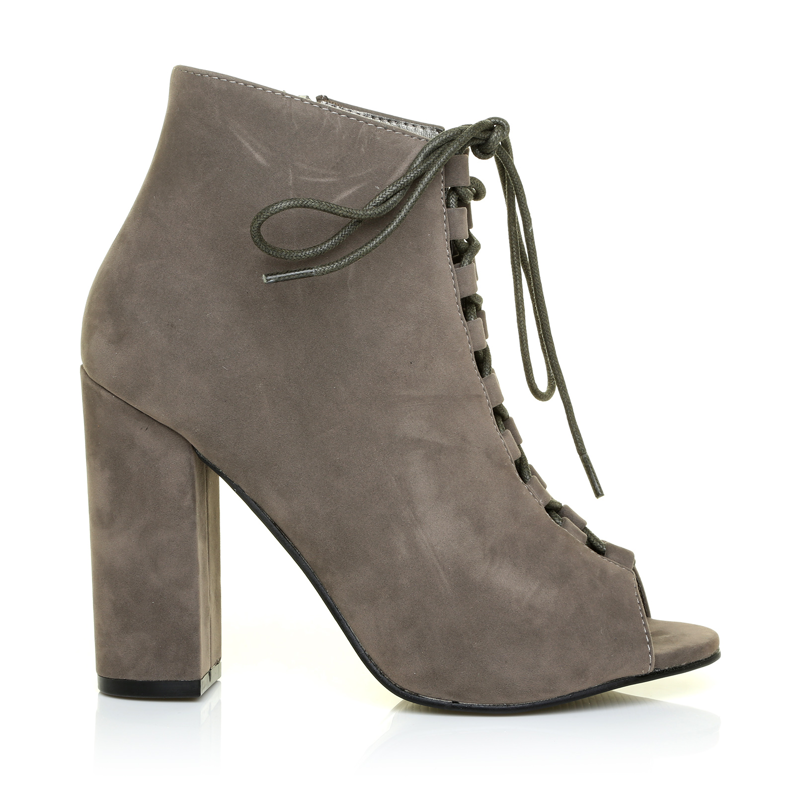 WOMEN LADIES BLACK KHAKI TAN SUEDE LACE UP BLOCK HEEL PEEP TOE ANKLE