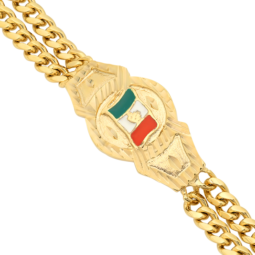 Mens 14k Gold Plated Mexican Flag Double Cuban Link Curb Bracelet eBay