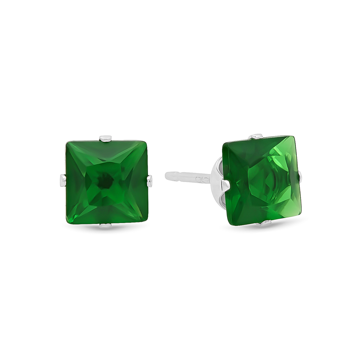 Princess Cut Simulated Emerald Green CZ Sterling Silver Stud Earrings