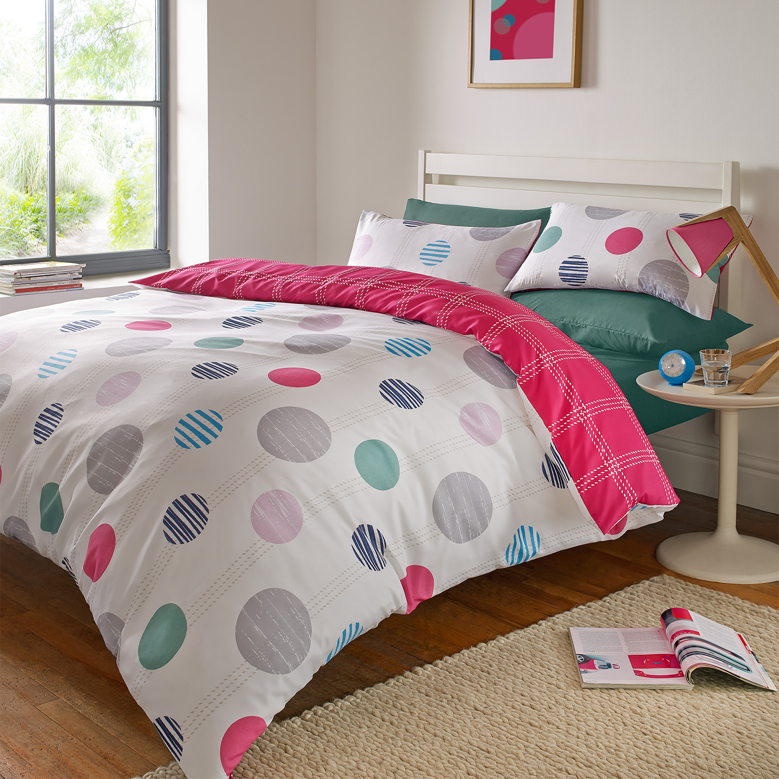 Reversible Quilt Cover with Pillow Case Bedding Set Spot Stripe Check