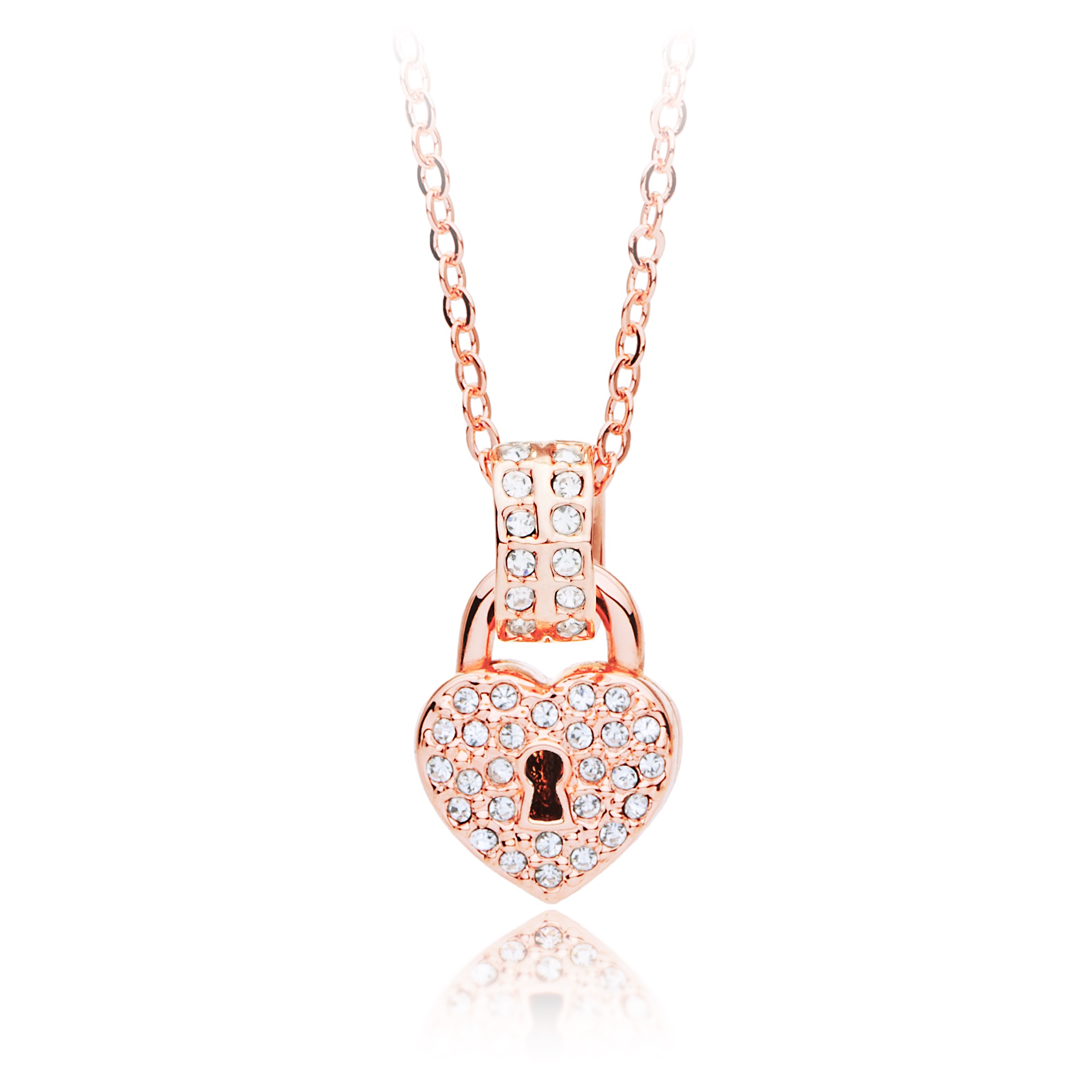 Heart Lock Pendant Necklace w Swarovski Crystals Rose Gold Ptd Love