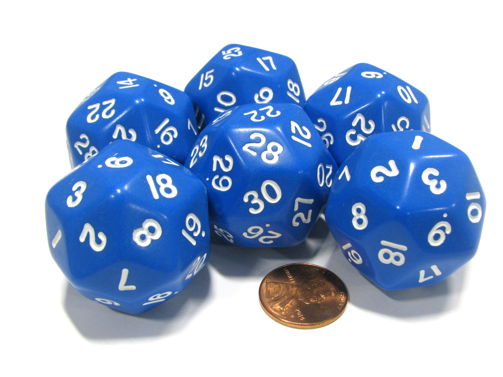Set of 6 Triantakohedron D30 30 Sided 33mm Jumbo Dice Blue w White