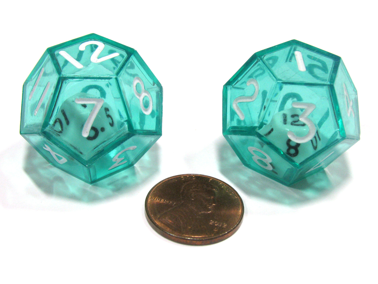 Set of 2 D12 25mm Double Dice, 2In1 Dice White Inside Translucent